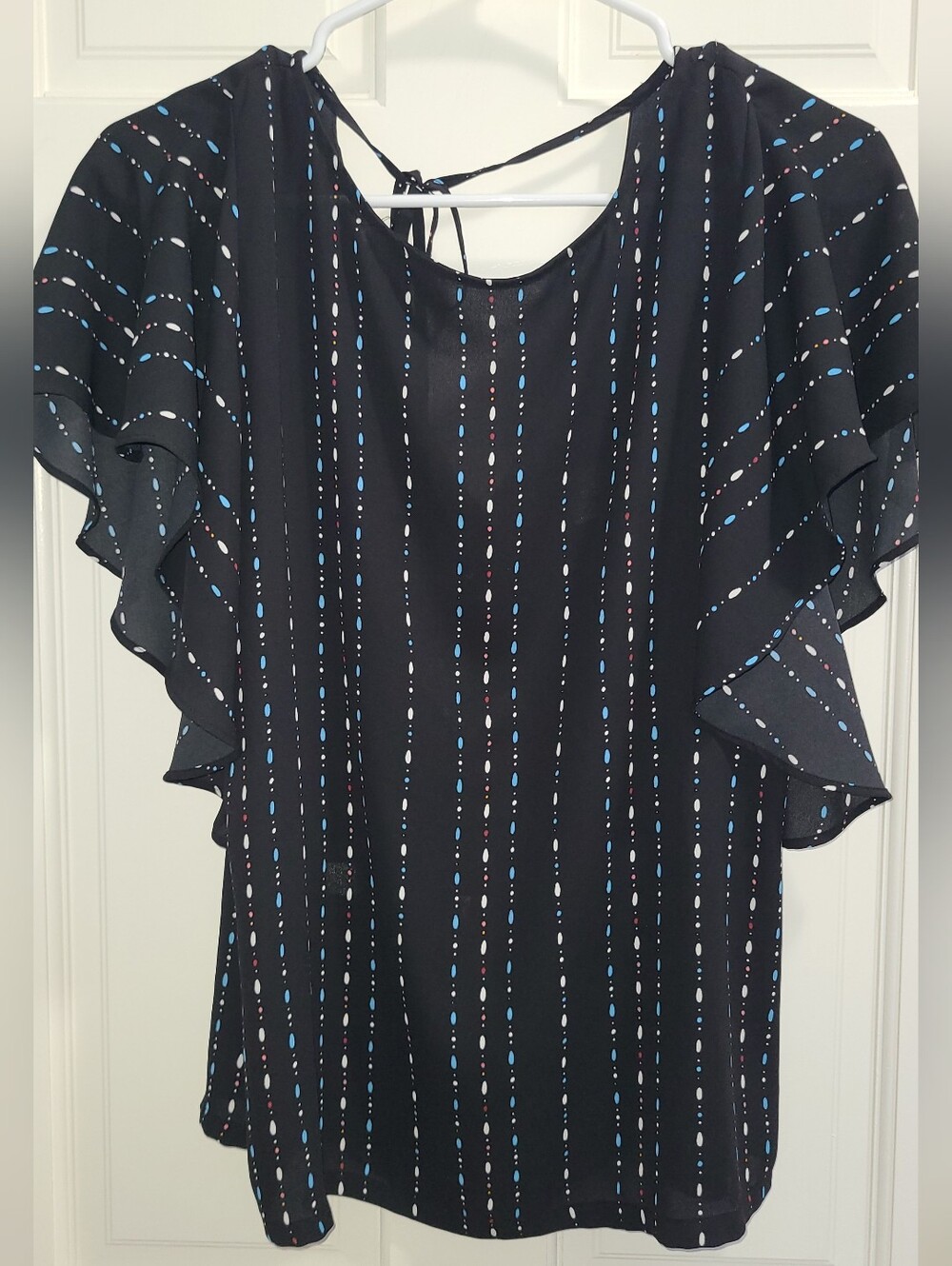 LOFT Black Flutter Sleeve Blouse with Blue & White Dot Stripe